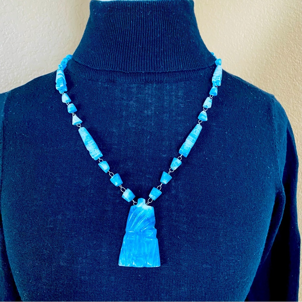 Vintage Gemstone Necklace turquoise onyx or blue apatite carved Aztec warrior